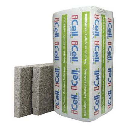 Två isolerskivor och en förpackning märkta med "iCell" i grön och blå text.