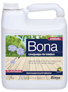 Kanna med Bona linoljesåpa för trädäck, etikett med blå blommor och text om utomhusbruk, volym 4L.