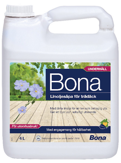 Kanna med Bona linoljesåpa för trädäck, etikett med blå blommor och text om utomhusbruk, volym 4L.