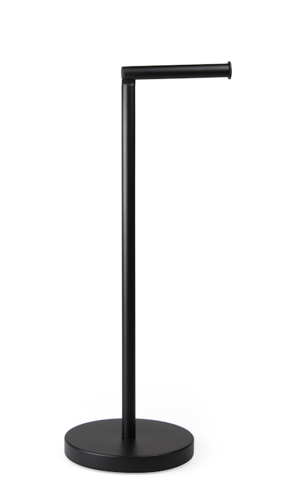 Svart golvställ med rund bas och horisontell stång på toppen.