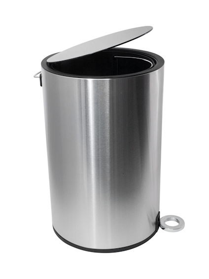 Sopbehållare i krom med rund form och öppet lock. En pedal syns vid basen.