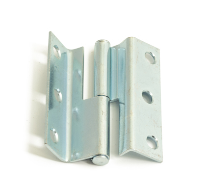 Metalliskt gångjärn med cylindrisk gångjärnstapp och flera monteringshål.