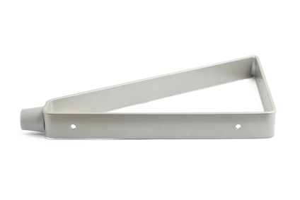 Grå, triangulär dörrstopp med rund ände och hål för montering.