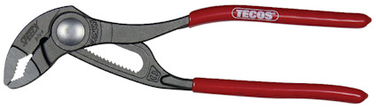 Tång med rött handtag och justerbart käftparti. Texten "TECOS" syns på handtaget.