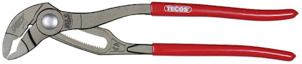 Rödhandtagad justerbar tång med metallkäftar och logotypen "TECOS" på handtaget.