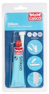 Förpackning med silikon från Casco, innehåller en tub och ett munstycke. Text på förpackningen: "silikon" och "water resistant".