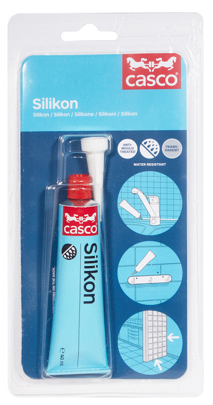 Förpackning med silikon från Casco, innehåller en tub och ett munstycke. Text på förpackningen: "silikon" och "water resistant".