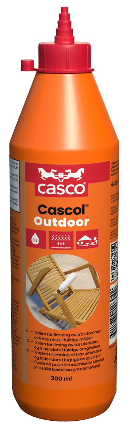 Orange flaska med texten "Cascol Outdoor" och bild av träprojekt. Har röd kork och vita symboler på etiketten.