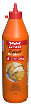 Orange flaska med röd kork, märkt "Cascol Outdoor". Etikett visar bilder och innehåller text på flera språk.