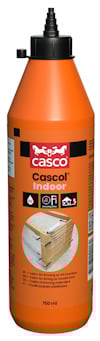 Orange flaska med etikett märkt "Cascol Indoor", bild av trä och limapplikationer.