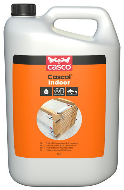 Kanna med orange etikett och texten "Cascol Indoor", innehållande trälim, med skruvlock och handtag.