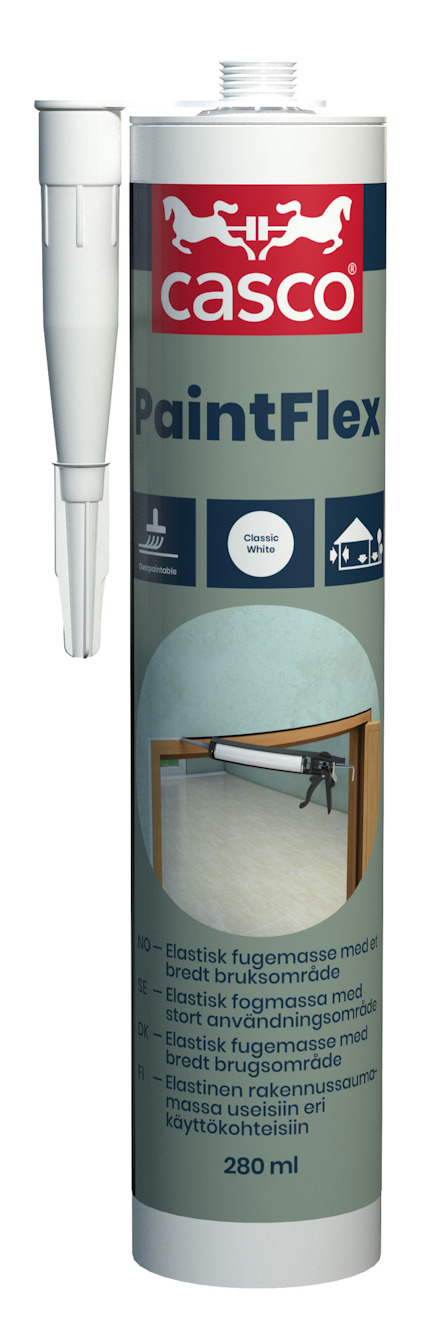 Kassett med Casco PaintFlex fogmassa och en applikationstopp på sidan, etikett med produktinformation.