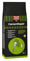 Förpackning av Casco CementRapid väggspackel, svart och grön design med text och spackelverktygsbild.