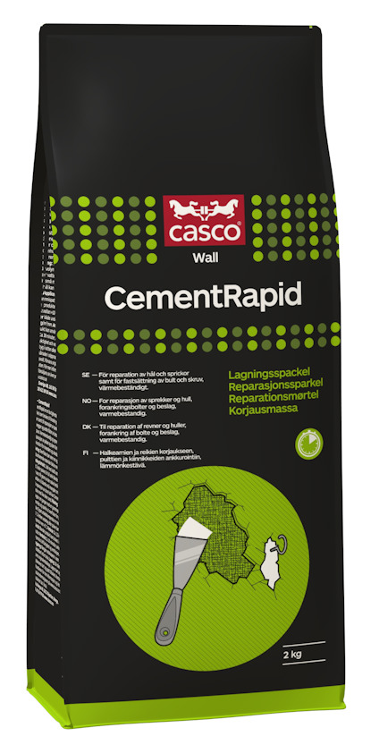 Förpackning av Casco CementRapid väggspackel, svart och grön design med text och spackelverktygsbild.