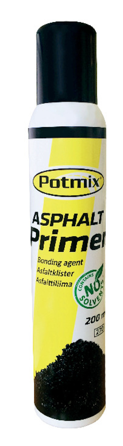 Vit och gul flaska med svart lock märkt "Potmix Asphalt Primer". Text på flera språk och "NO SOLVENTS" i grön cirkel.