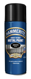 Sprayburk med Hammerite Metal Paint, blå etikett och svart lock.