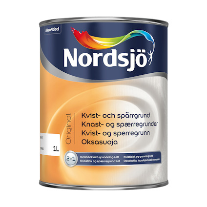 Förpackning av Nordsjö Kvist- och Spärrgrund Original med flerfärgad logotyp och text på svenska, norska och finska.