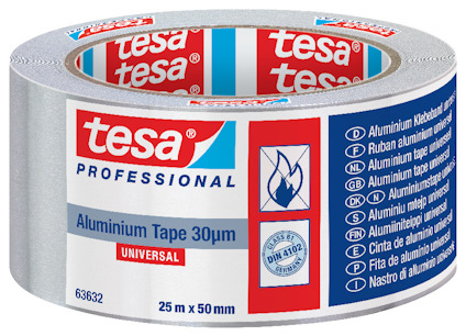 Rulle av aluminiumtejp med etikett som visar texten "tesa professional" och varningssymboler.