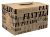Brun flyttlåda med svart text "FLYTTLÅDA" och pilar som visar "UPP".