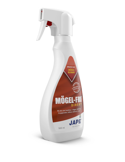 Vit sprayflaska med röd etikett text: "Mögel-Fri Direkt, Effektivt mot mögel & blånad, Jape".