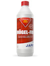 Flaska med rött och vitt etikett, text "Mögel-Fri" och "Effektivt mot mögel". Röd kork. Varumärke "Jape".