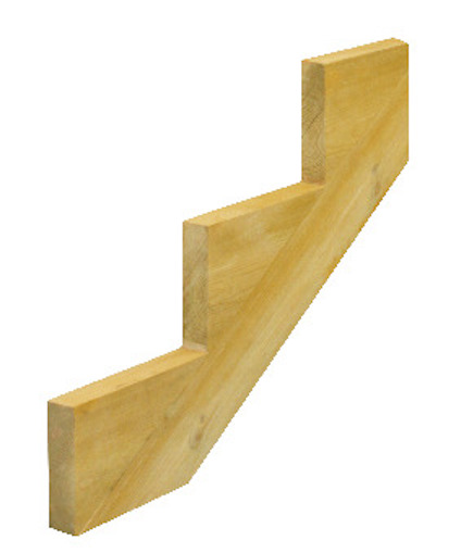Trästycke med tre stegformade utskärningar, diagonal form.