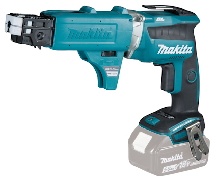 Skruvautomat i blått och svart med Makita-logotyp. Använder 18V-batteri och stödjer skruvar 25-55mm.