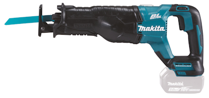 Batteridriven tigersåg med svart och turkos kropp samt blått sågblad. Märket "Makita" är tryckt på sidan.
