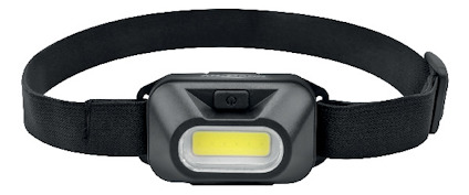 Svart pannlampa med justerbart elastiskt band och rektangulär ljusenhet framtill.