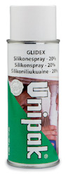 Grön sprayburk med texten "Unipak Glidex Silikonespray - 20%" på etiketten.