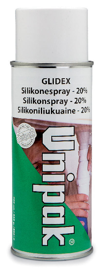 Grön sprayburk med texten "Unipak Glidex Silikonespray - 20%" på etiketten.