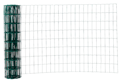 Mörkgrönt trädgårdsnät på rulle, delvis utrullat, visar rektangulärt rutmönster.