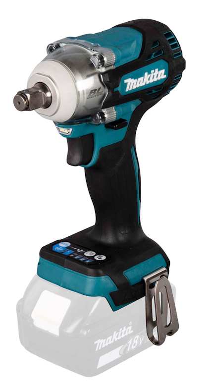 Blå och svart batteridriven mutterdragare med säkringskrok, märkt "Makita", utan batteri anslutet.