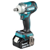 Mutterdragare i blå och svart design med Makita-logotyp, utrustad med laddbart batteri.