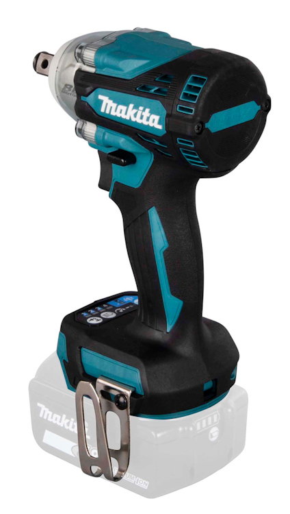 Sladdlös mutterdragare i svart och turkos med metallklämma och batterifäste. Märke: Makita.