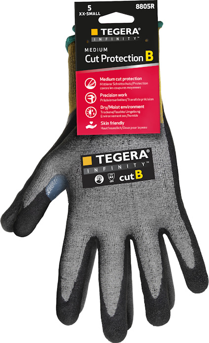 Arbetshandske i mörkt syntetmaterial med etikett som visar "TEGERA INFINITY Cut Protection B".