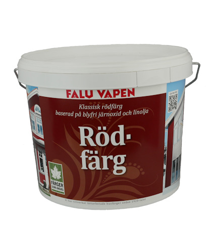 Vit hink med röd etikett och texten "Falu Vapen Röd-färg" samt information om blyfri järnoxid och linolja.