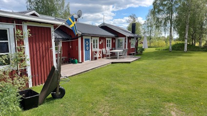 Rött trähus med blå dörr, svensk flagga på verandan, gräsmatta och björkar i bakgrunden.