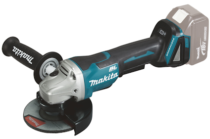 Batteridriven vinkelslip med svart och blått handtag, märkt "Makita".