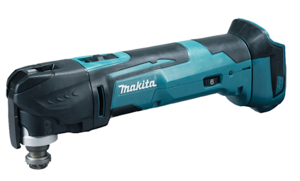 Blått och svart multiverktyg med silverfärgat munstycke och märket "Makita" på sidan.