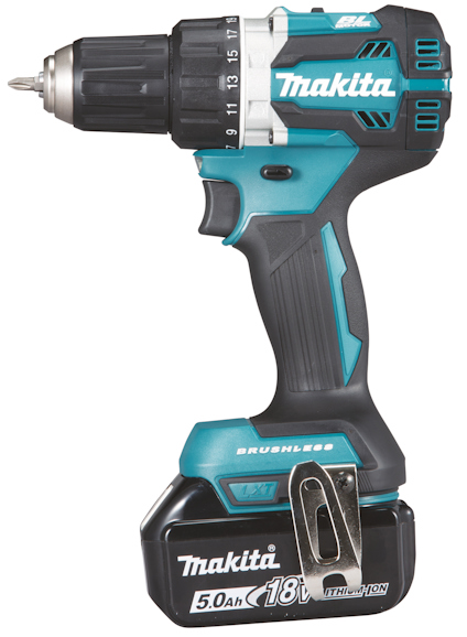 Sladdlös borrmaskin av märket Makita, med borstlös motor och 18V litiumjonbatteri.