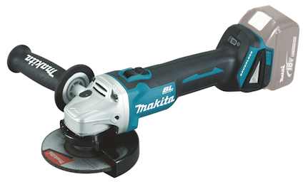 Vinkelslip med ergonomiskt handtag och batteri, märkt "Makita" och "18V", med skiva och sidohandtag.