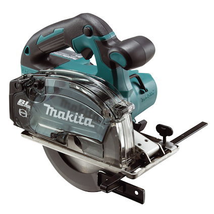 Cirkelsåg med blå-svart design och transparent skydd. Text på sidan: "Makita".