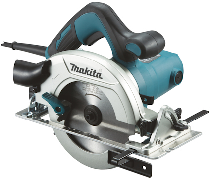 Cirkelsåg med blå och svart handtag, märkt "Makita", metallklinga och skydd.