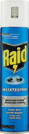 Blå sprayflaska med vit kork, märkt "Raid Insektsspray" och bilder av två insekter.