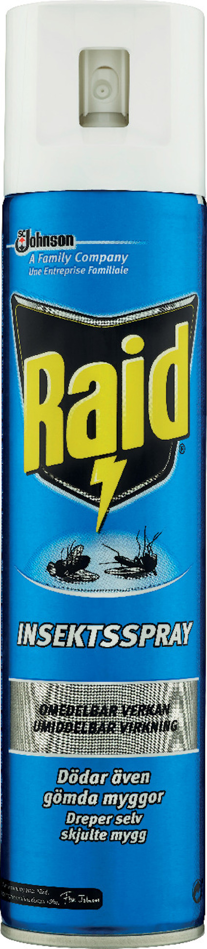Blå sprayflaska med vit kork, märkt "Raid Insektsspray" och bilder av två insekter.