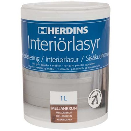 Burk med Herdins Interiörlasyr i mellnbrun färg för inomhusbruk, volym 1 liter.