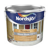 Burk med träolja märkt "Nordsjö Tinova Wood Base Oil BPR" och bild av trävägg och stolar.