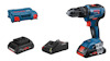 Borrmaskin med batteri och laddare, Bosch-logotyp synlig. Blå verktygslåda inkluderad.
