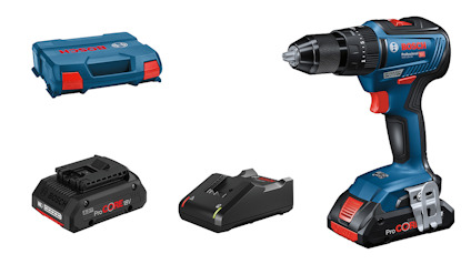 Borrmaskin med batteri och laddare, Bosch-logotyp synlig. Blå verktygslåda inkluderad.